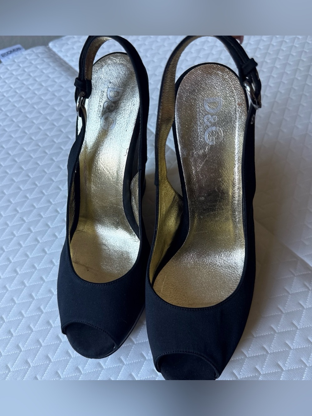 D&G Black Slingback Peep-Toe Heels with Gold Insole